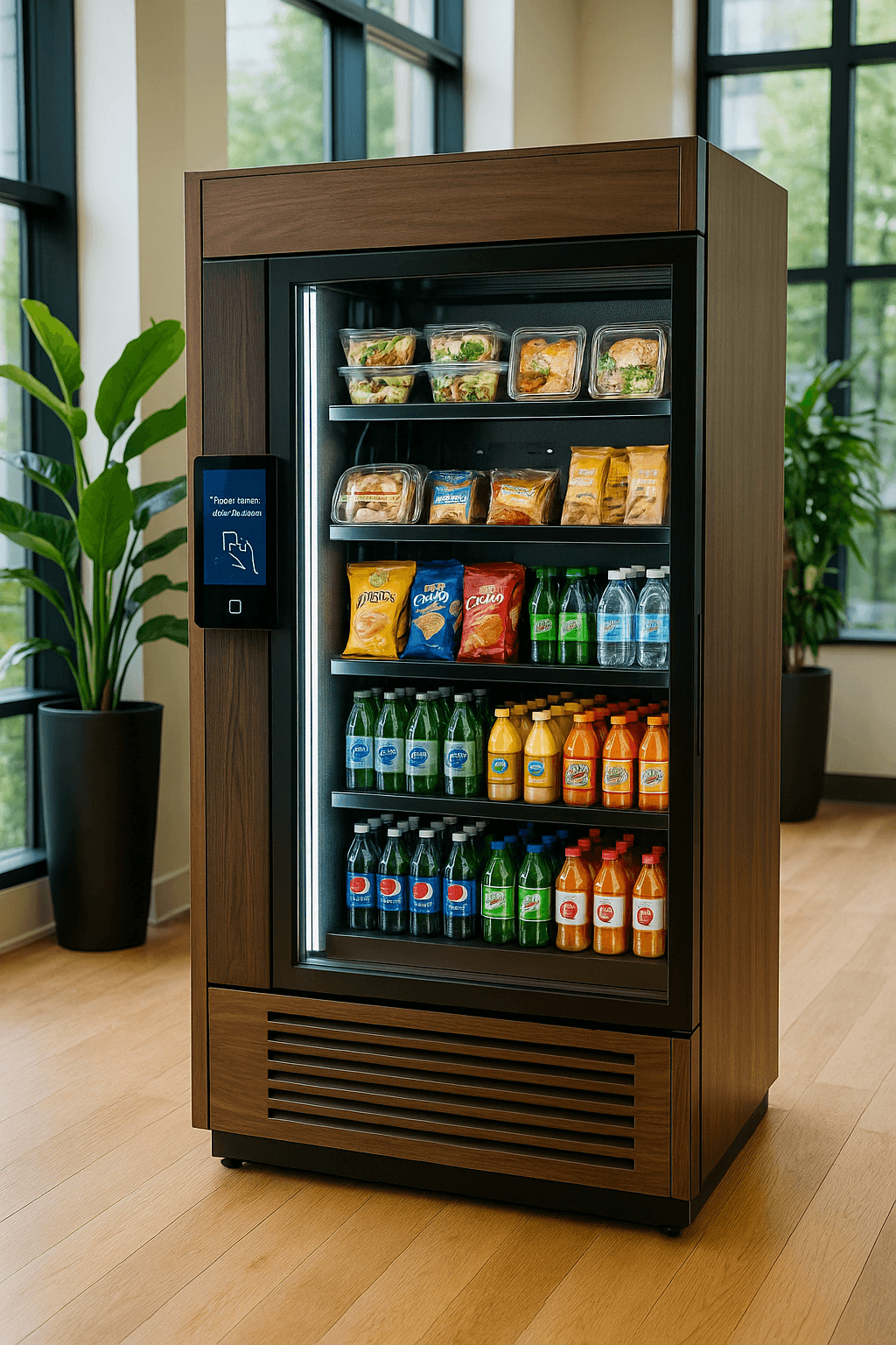 A modern alcove with three lit coolers and an espresso robot.